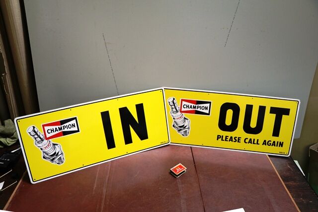 Vintage Pair of New Old Stock Champion In Out Tin Signs