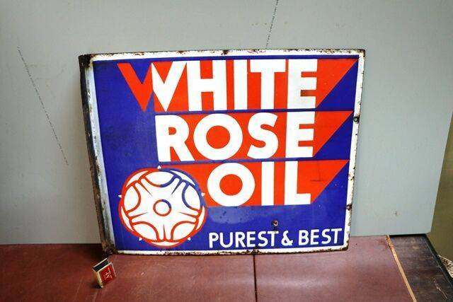 Vintage White Rose Oil Double Sided Enamel Adv Sign 