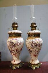 Pair of Antique Porcelain Single Burner Oil Lamps. #