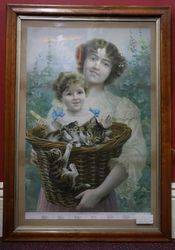 Late Victorian Birdseye Maple Framed Print of A Basket Full Of Mischief # 