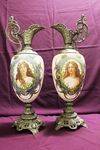 Pair Of Victorian Milk Glass And Spelter Ewers