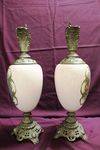 Pair Of Victorian Milk Glass And Spelter Ewers