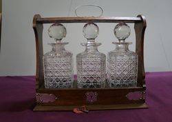 Cut Glass 3 Bottle Tantalus andquotoak Caseandquot C1920 
