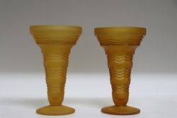 Pair of Art Deco Sowerby Frosted Amber Glass Vases.  #