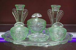 7 pc Green Depression Glass Trinket  Set..#