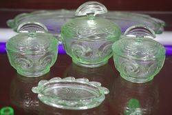 7 Set Of Green Glass Trinket 