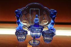 Stunning Art Deco 7 Piece Blue Glass Trinket Set #