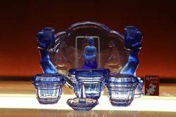 Stunning Art Deco 7 Piece Blue Glass Trinket Set 