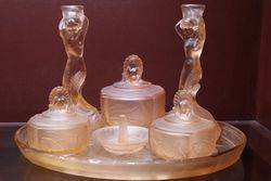 Art Deco Pink Glass 7 Pieces Mermaid Trinket SetOdd Ring Tray C1930 