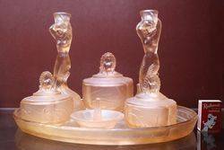 Art Deco Pink Glass 7 Pieces Mermaid Trinket SetOdd Ring Tray C1930 