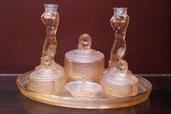 Art Deco Pink Glass 7 Pieces Mermaid Trinket SetOdd Ring Tray C1930 