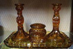 5 Piece  Amber Glass Trinket Set #