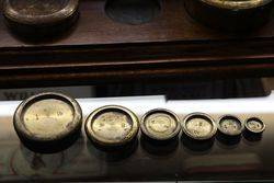 Set Of Antique Scales On Solid Oak Base With 8 Brass Weights 