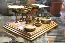 Set Of Antique Scales On Solid Oak Base With 8 Brass Weights 