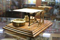 Set Of Antique Scales On Solid Oak Base With 8 Brass Weights 