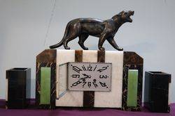 Art Deco 3 Piece Marble and Onyx Clock + Spelter Panther