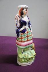 Antique Staffordshire Figure  Lady With Flag 