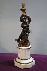 A Genuine Fine Quality Antique Bronze Cherub On White Marble Column #