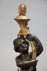 Fine Quality Antique Bronze Cherub On White Marble Column 