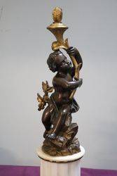 Fine Quality Antique Bronze Cherub On White Marble Column 