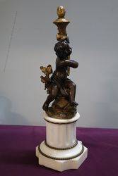 Fine Quality Antique Bronze Cherub On White Marble Column 