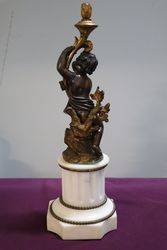 Fine Quality Antique Bronze Cherub On White Marble Column 