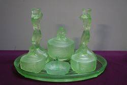 7 Pieces Art Deco Green Uranium Glass Mermaid Trinket Set C1930 