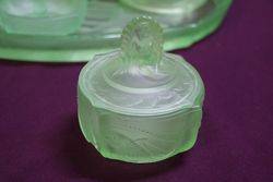 7 Pieces Art Deco Green Uranium Glass Mermaid Trinket Set C1930 