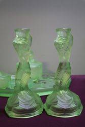 7 Pieces Art Deco Green Uranium Glass Mermaid Trinket Set C1930 