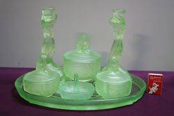 7 Pieces Art Deco Green Uranium Glass Mermaid Trinket Set C1930 