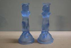 Art Deco Pair Of Blue Glass Candlesticks 