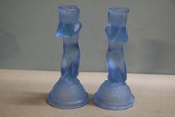 Art Deco Pair Of Blue Glass Candlesticks 