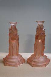 Pair Of Art Deco Pink Glass 3 Graces Tazza Bases - Candlesticks #
