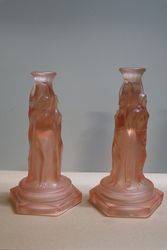 Pair Of Art Deco Pink Glass 3 Graces Tazza Bases  Candlesticks 