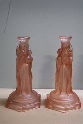 Pair Of Art Deco Pink Glass 3 Graces Tazza Bases Candlesticks  
