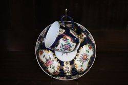 Worcester Blue Scale Coffee Cup + Saucer  Painted Panels Of Flowers
