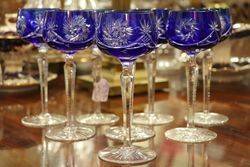 Set Of  8 Fine Cup Blue Bohemian Wine Glasses  