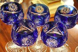 Set Of  8 Fine Cup Blue Bohemian Wine Glasses  