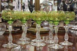 Set of 8 Antique Green + Gilt Hock Glass  #