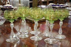 Set of 8 Antique Green + Gilt Hock Glass  