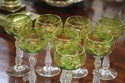 Set of 8 Antique Green + Gilt Hock Glass  