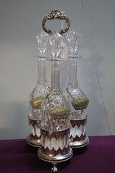 Antique Cut Glass 3 Pieces Tantalus Set In Silver Plated Stand #