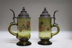 Pair Of Amber Glass And Pewter Tankards 