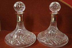 Pair Of Irish Cut Glass Ships Decanters Silver Mounted #
