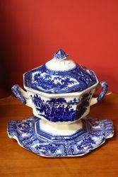 W Adams + Co ironstone China Blue + White Tureen Cover Stand  