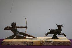 A Genuine Art Deco Spelter + Marble Group of Diana The Huntress  #
