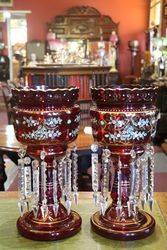 A Large Pair Of Victorian Ruby Glass Double Hung Lustre Vases  