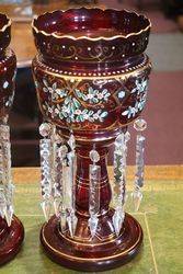 A Large Pair Of Victorian Ruby Glass Double Hung Lustre Vases  