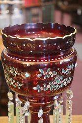 A Large Pair Of Victorian Ruby Glass Double Hung Lustre Vases  