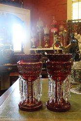 A Large Pair Of Victorian Ruby Glass Double Hung Lustre Vases  
